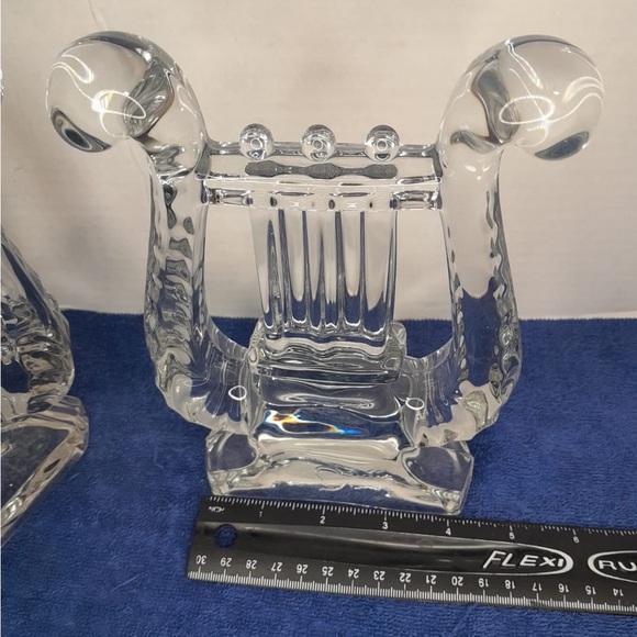 Pair Mid-Century Fostoria Harp Lyre Heavy Clear Glass Bookends Music Decor Gift - Picture 2 of 7